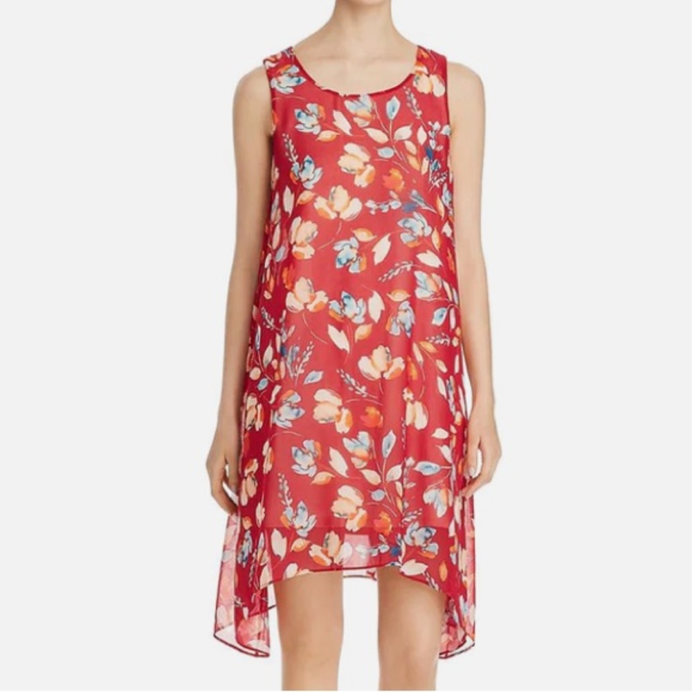 DONNA KARAN Womens Beach Floral Shark Bite Hem Asymmetrical Red Dress Medium NWT